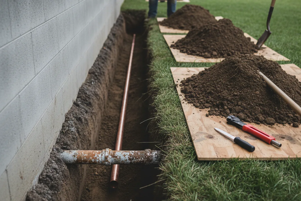 Excavated water line trench during Sewer Line Repair in Maceo